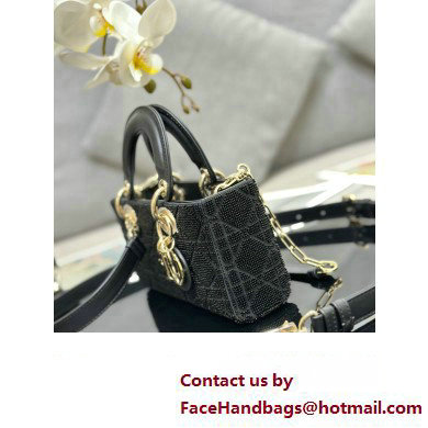 Dior Small Lady D-Joy Bag in Black Cannage Cotton with Micropearl Embroidery