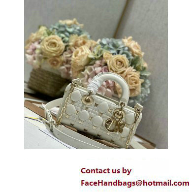 Dior Small Lady D-Joy Bag in White Cannage Lambskin with Gold-Finish Butterfly Studs 2024 - Click Image to Close