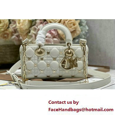 Dior Small Lady D-Joy Bag in White Cannage Lambskin with Gold-Finish Butterfly Studs 2024