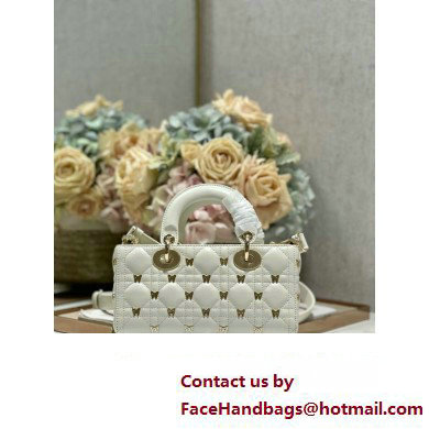 Dior Small Lady D-Joy Bag in White Cannage Lambskin with Gold-Finish Butterfly Studs 2024