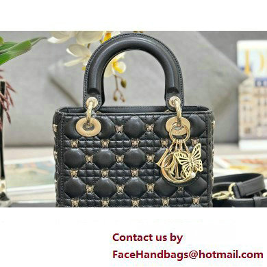 Dior Small Lady Dior Bag in Black Cannage Lambskin with Gold-Finish Butterfly Studs