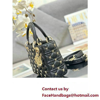 Dior Small Lady Dior Bag in Black Cannage Lambskin with Gold-Finish Butterfly Studs