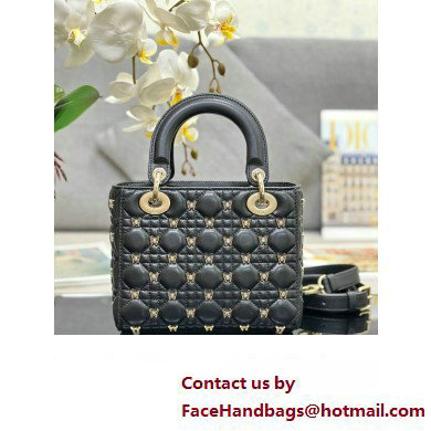 Dior Small Lady Dior Bag in Black Cannage Lambskin with Gold-Finish Butterfly Studs