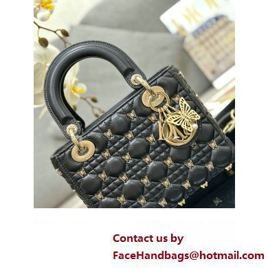 Dior Small Lady Dior Bag in Black Cannage Lambskin with Gold-Finish Butterfly Studs