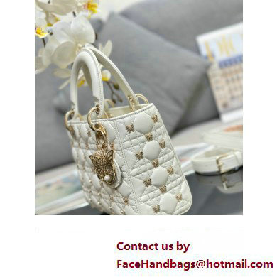 Dior Small Lady Dior Bag in White Cannage Lambskin with Gold-Finish Butterfly Studs