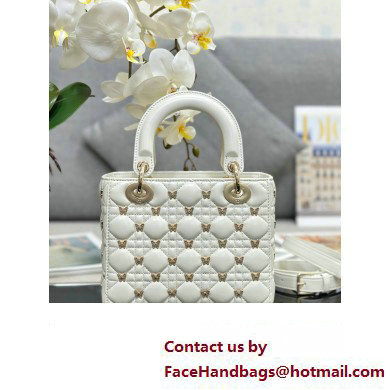 Dior Small Lady Dior Bag in White Cannage Lambskin with Gold-Finish Butterfly Studs