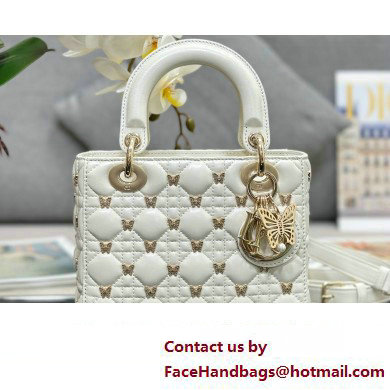 Dior Small Lady Dior Bag in White Cannage Lambskin with Gold-Finish Butterfly Studs