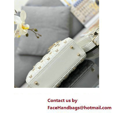 Dior Small Lady Dior Bag in White Cannage Lambskin with Gold-Finish Butterfly Studs