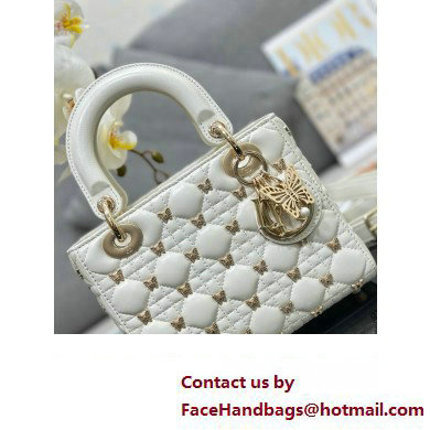 Dior Small Lady Dior Bag in White Cannage Lambskin with Gold-Finish Butterfly Studs