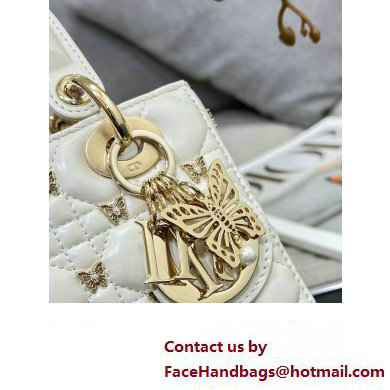 Dior Small Lady Dior Bag in White Cannage Lambskin with Gold-Finish Butterfly Studs