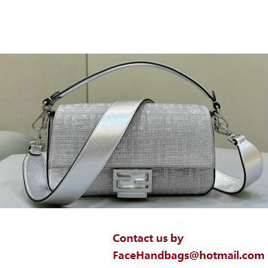 Fendi Medium Baguette Silver leather bag with crystal FF motif