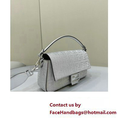 Fendi Medium Baguette Silver leather bag with crystal FF motif