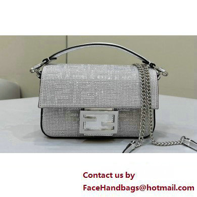 Fendi Mini Baguette Silver leather bag with crystal FF motif