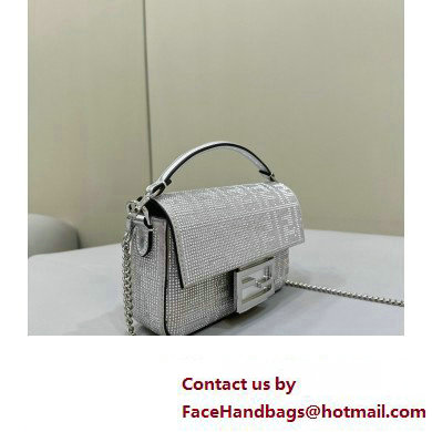 Fendi Mini Baguette Silver leather bag with crystal FF motif