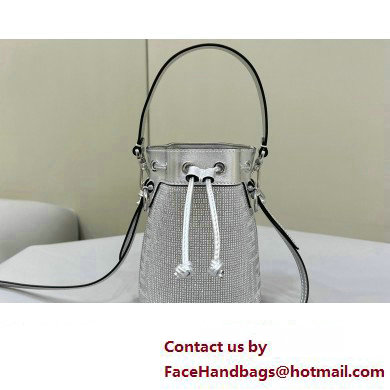 Fendi Mini Mon Tresor Bucket Silver leather bag with crystal FF motif