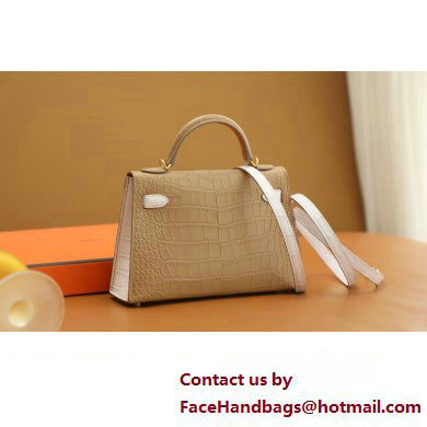 Hermes Mini Kelly II Handbag in alligator leather chai/mauve pale with crystals hardware(handmade)