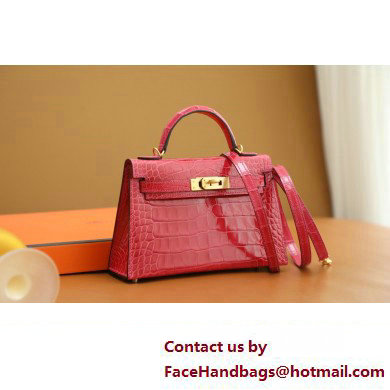 Hermes Mini Kelly II Handbag in alligator leather fuchsia pink with gold hardware(handmade)