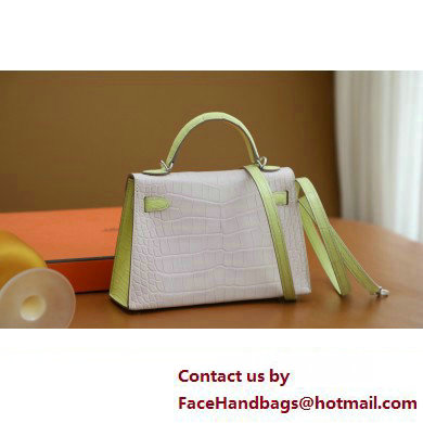 Hermes Mini Kelly II Handbag in alligator leather mauve pale/jaune bourgeon with crystals hardware(handmade)