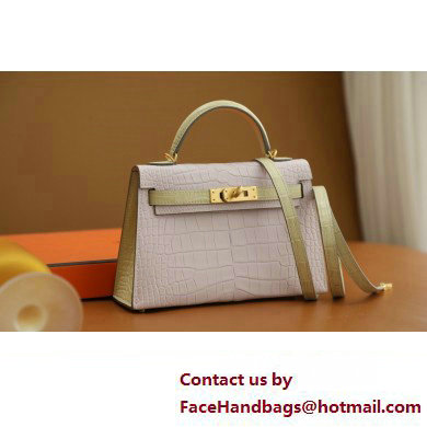 Hermes Mini Kelly II Handbag in alligator leather mauve pale/vanille with crystals hardware(handmade)