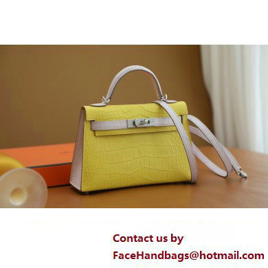 Hermes Mini Kelly II Handbag in alligator leather mimosa/mauve pale with crystals hardware(handmade)