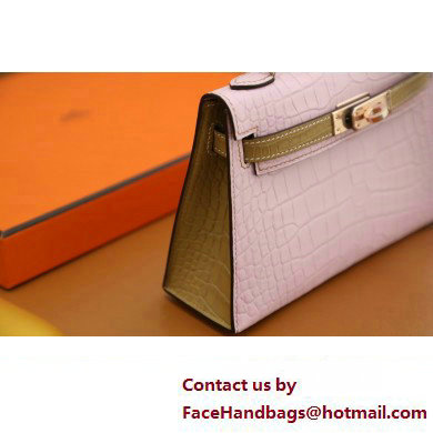 Hermes Mini Kelly II Handbag in alligator leather pink/kraft with crystals hardware(handmade)