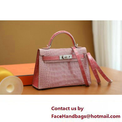 Hermes Mini Kelly II Handbag in alligator leather pink with crystals hardware(handmade) - Click Image to Close