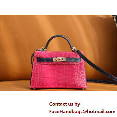 Hermes Mini Kelly II Handbag in alligator leather rose scheherazade/bleu encre with gold hardware(handmade)