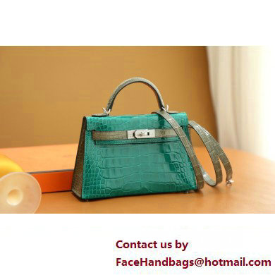 Hermes Mini Kelly II Handbag in alligator leather vert emeraude/gris tour terelle with crystals hardware(handmade)