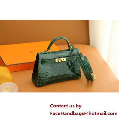 Hermes Mini Kelly II Handbag in alligator leather vert rousseau with gold hardware(handmade) - Click Image to Close