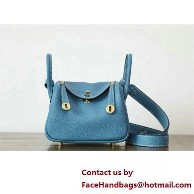 Hermes Mini Lindy 19cm Bag in original taurillon clemence leather Blue Jean with gold hardware(handmade)