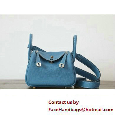 Hermes Mini Lindy 19cm Bag in original taurillon clemence leather Blue Jean with silver hardware(handmade)