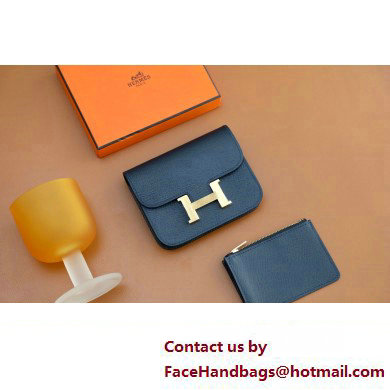 Hermes epsom leather Constance Slim Wallet with belt handmade bleu nuit/gold (original quality)