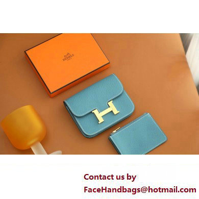 Hermes epsom leather Constance Slim Wallet with belt handmade bley jean/gold (original quality)