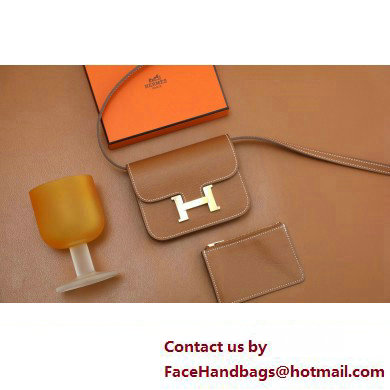 Hermes epsom leather Constance Slim Wallet with belt handmade gold brown/silver (original quality) - Click Image to Close