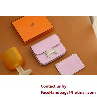 Hermes epsom leather Constance Slim Wallet with belt handmade mauve sylvestre/silver (original quality)