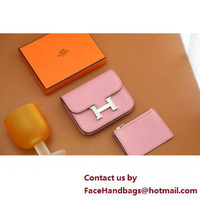 Hermes epsom leather Constance Slim Wallet with belt handmade pink/silver (original quality)