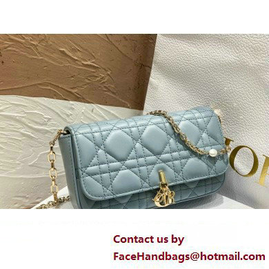 Lady Dior Phone Pouch Bag in Cannage Lambskin Cloud Blue with Removable jewel chain 2024