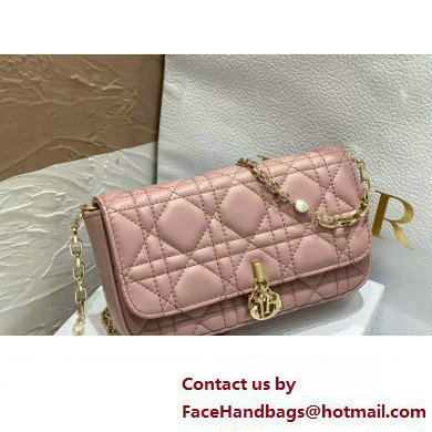 Lady Dior Phone Pouch Bag in Cannage Lambskin Pink with Removable jewel chain 2024