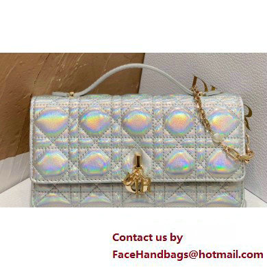 Miss Dior Mini Bag in Cannage Lambskin Iridescent Metallic Silver with Removable jewel chain 2024 - Click Image to Close