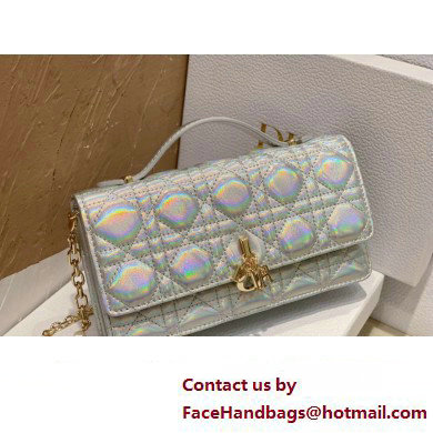 Miss Dior Mini Bag in Cannage Lambskin Iridescent Metallic Silver with Removable jewel chain 2024