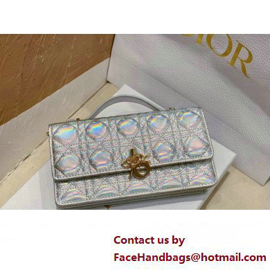 Miss Dior Mini Bag in Cannage Lambskin Iridescent Metallic Silver with Removable jewel chain 2024