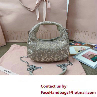 Miu Miu Wander satin and silk mini hobo bag with synthetic crystals 5BP078 Beige 2024