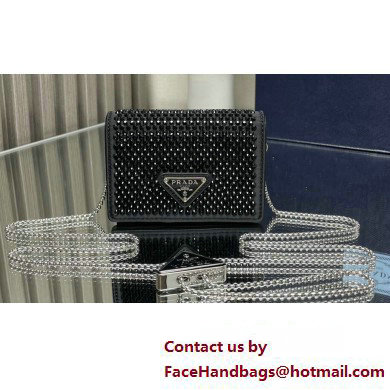 Prada Cardholder with shoulder strap and crystals Bag 1MR024 Black 2024 - Click Image to Close