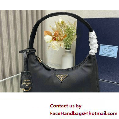 Prada Re-Edition 2000 Re-Nylon and Saffiano Mini Hobo Bag 1NE515 Black/Gold 2024 - Click Image to Close