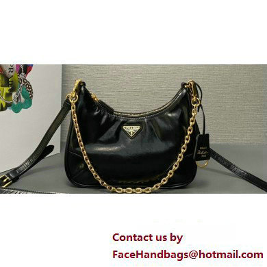 Prada Re-Edition 2005 Leather Shoulder Hobo Bag with Leather shoulder strap 1BH204 black 2024