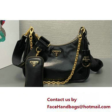 Prada Re-Edition 2005 Leather Shoulder Hobo Bag with nylon shoulder strap 1BH204 black 2024