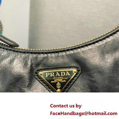 Prada Re-Edition 2005 Leather Shoulder Hobo Bag with nylon shoulder strap 1BH204 black 2024