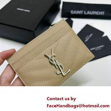 Saint Laurent Cassandre Matelasse Card Case In Grain De Poudre Embossed Leather 423291 Beige/Silver