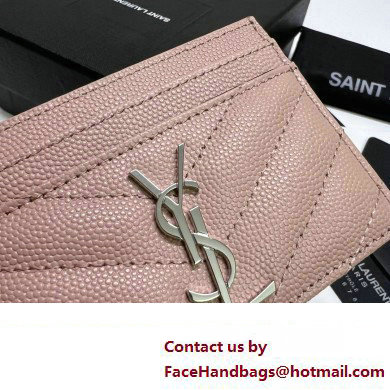 Saint Laurent Cassandre Matelasse Card Case In Grain De Poudre Embossed Leather 423291 Pink/Silver