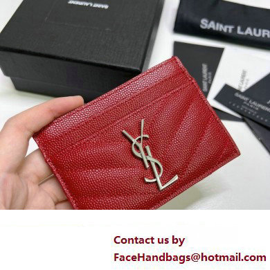 Saint Laurent Cassandre Matelasse Card Case In Grain De Poudre Embossed Leather 423291 Red/Silver - Click Image to Close